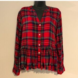 Mudpie Red Plaid Peplum Button Down Top M